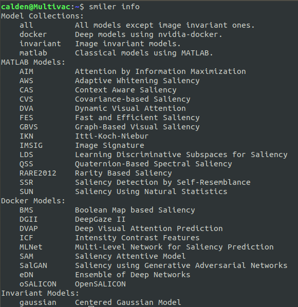 A list of all available SMILER models returned by the smiler info command