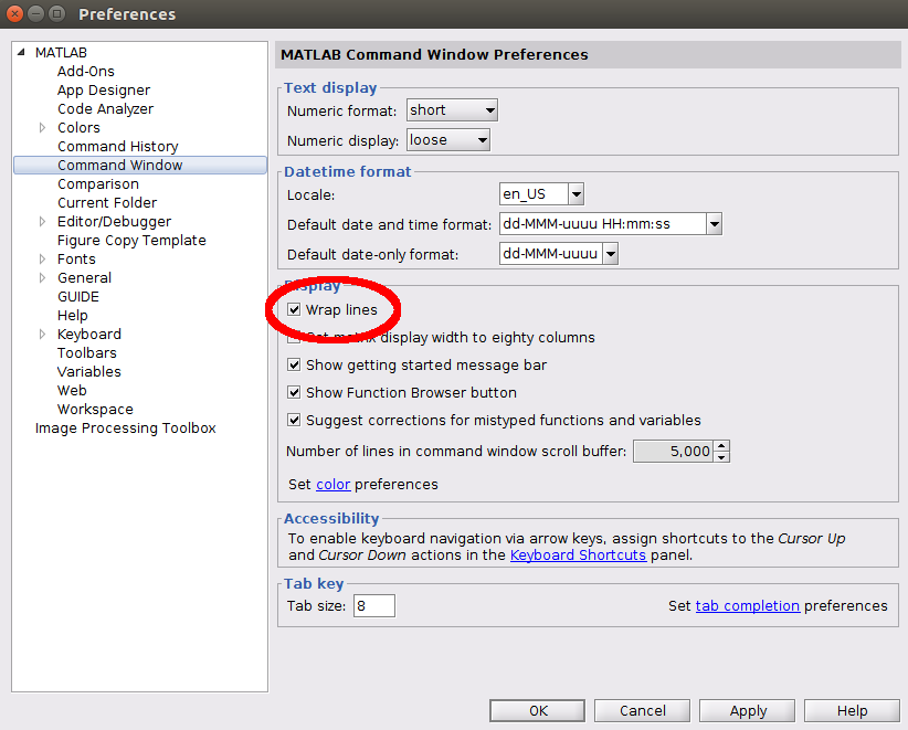 The circled location of the wrap lines option in the MATLAB preferences dialogue box