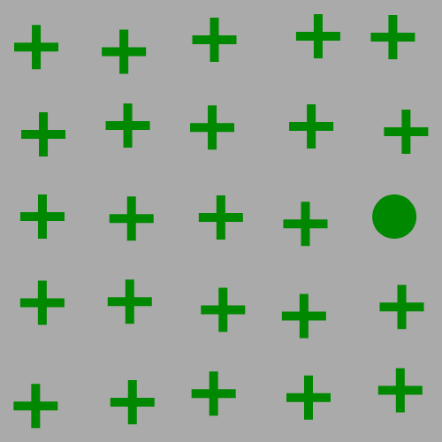 example image with a singleton circle target amongst plus distractors